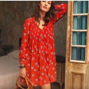 Sezane Robe Joe Print Bouquet Fond Rouge Size 6 38 Dress Women’s